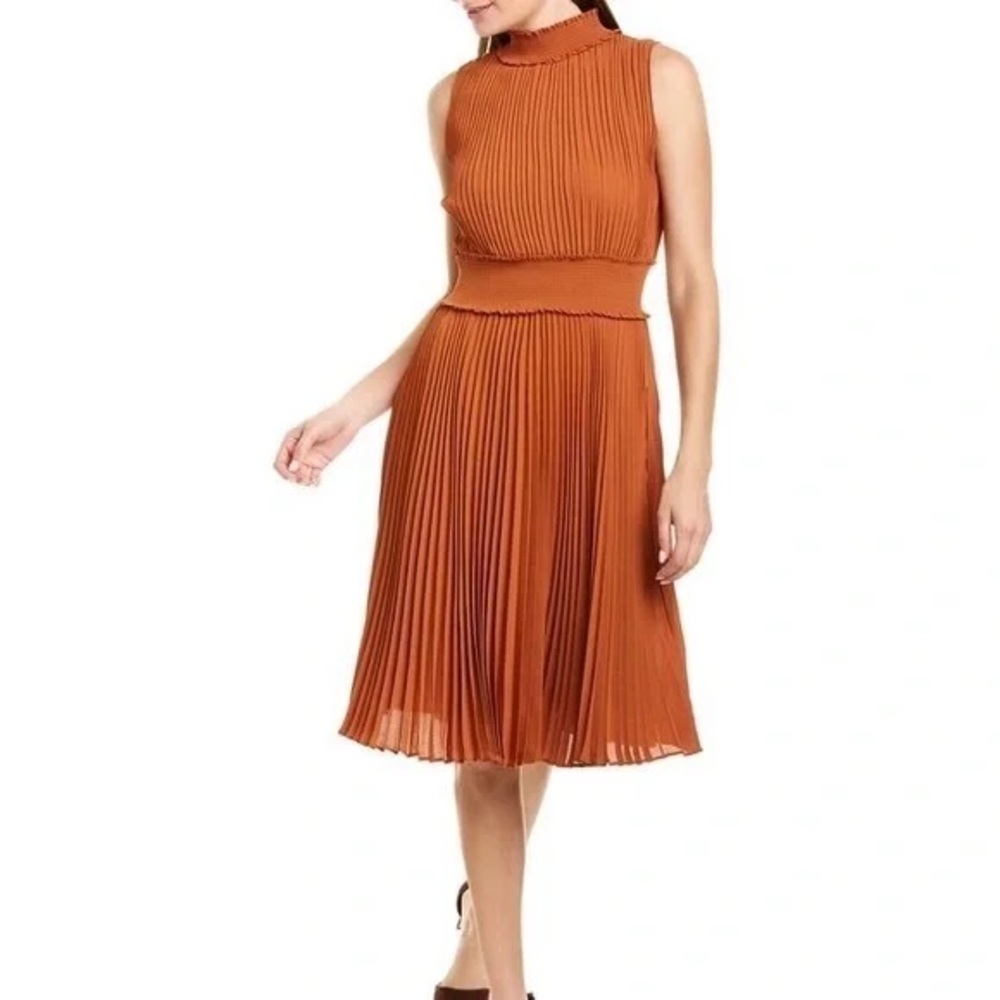 Nanette Lepore pleated orange high neck sleeveless midi dress